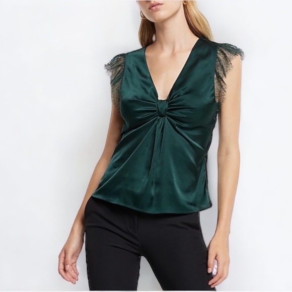 • Express • Satin V-Neck Flutter Lace Sleeve Knot Gramercy Top - Picture 1 of 9